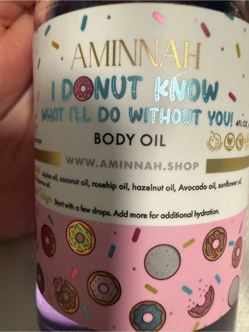 Aminnah “I Donut Know what I’ll do without you” Body Oil! New - Picture 2 of 4
